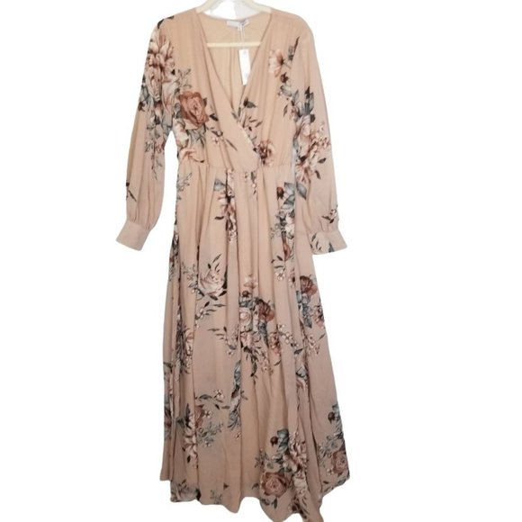 Baltic Born Womens XL Taupe Floral Chiffon Long Sl - Picture 2 of 9